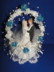 New Elegant Bride & Groom, Floral Round Arch & Turquoise Wedding CakeTopper #136