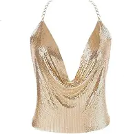 [Luxexy] Gold Sexy Tops for Women Sparkly Deep V Neck Crop Tank Tops Cami Body Chain Top