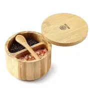 Bamboo Salt Spice Box w/ Swivel Lid and Spoon 2 Compartment Salt and Pepper Bowl