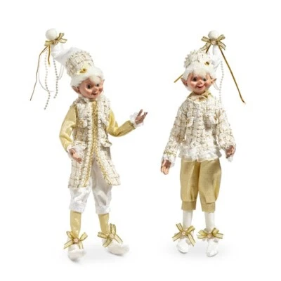 2-PK 16" POSABLE CHAMPAGNE TWEED ELF White & Gold Christmas NEW RAZ 4402466