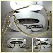 CLASSIC Modern RETRO SHIELD Style Clear Lens EYE GLASSES Classy Gold Metal Frame