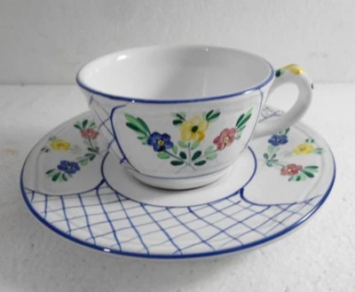 Herend Village Pottery Cup & Saucer Set Trellis Blue Trim Handpainted in Hungary