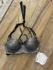 New BEACH BUNNY Captured Push Up Balconet Large Skimpy Bikini Top Silver Beaded