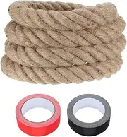 sourcing map Jute Rope 2 Inch x 10ft, Heavy Natural Thick Twisted Rope with 2 Roll Tapes for Crafts Railing Docks Tug of War Swing Nautical Landscaping