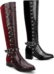 [ANN CREEK] Women's 'Rucio' Knee-High Low Heel Croc Print Front 2-Tone Perforated Trim Boots