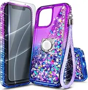 NGB Supremacy Compatible for iPhone 14 Pro Max Case with Tempered Glass Screen Protector/Ring Holder/Wrist Strap, Girls Women Bling Sparkle Liquid Glitter Quicksand Cute Case (Purple/Blue)