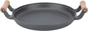 BBQ Grill Pan Round Cast Iron Steak Frying Meat Roasting Skillets Dual Wooden Handles for Camping Barbecue Gatherings (33cm/12.99in)