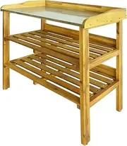 'vidaXL Solid Acacia Wood Potting Bench - 2 Shelves with Zinc Lined Tabletop, Gardening Workbench, Plant Stand, Weather-Resistant Indoor/Outdoor Design as Well.