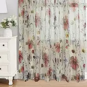 [OWENIE] Crushed Sheer Curtains 63 Inches Length 2 Panels Set, Sheer Floral Curtians with printed Design, Printing Drapes on Sheers for Living Room, Rod Pocket Light Filtering Window Sheers 42" W x 63"L