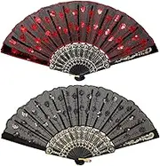 Jetec 2 Pieces Handheld Folding Fan Sequin Fabric Folding Lace Trim Fabric Rave Fan for Line Dancing Flamenco Spanish 1920s Costume Decoration(Red, Black)