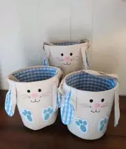 New Lot Of 3 Easter Basket Canvas Blue Gingham Bunny Bag Floppy Ears Hobby Lobby