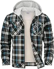 [Rdruko] Men's Flannel Shirt Jacket Fleece Lined Plaid Zip Up Winter Warm Coat with Hood
