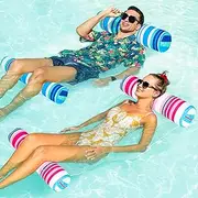 FindUWill 2Pack Fabric Pool Floats with Headrest - 55'' Large Inflatable Lake Pool Floatie Raft, Fabric Swimming Pool Floaties Lounge for Adults Pool Party Supplies (Hot Pink&SkyBlue)