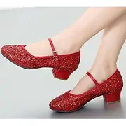 Women's Red Glitter Low Heel Mary Jane Dance Shoes – Sparkly Party Ballroom Shoes for Special Occasions
