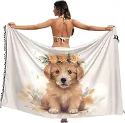 [XYMZR] Women's Sarong Swimsuit Coverups Orange Garland Puppy Labrador Chiffon Bikini Wraps Skirt with Tassels L