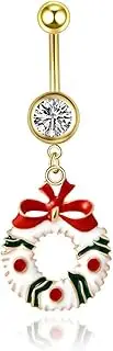 [Niaspi] 14G Stainless Steel Christmas Belly Button Rings for Women 18K Gold Plated Snowman Santa Claus Garland Dangle Belly Navel Rings Curved Barbells Xmas Body Piercing Jewelry