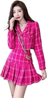 [JYHBHMZG] Korean Plaid Short Skirts Suit Two Piece Set Women Long Sleeve Blazer Coat and High Waist Pleated Skirt Outfits
