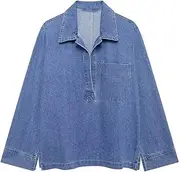 [Zadaos] Women'S Fall Denim Solid Trouser Set Lapel Pullover Top+ Drawstring Pocket Wide Leg Long Pants