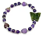 7.5" Genuine Jade Butterly & Amethyst Purple and Green Beaded Stretch Bracelet