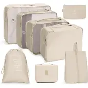 8Pcs Packing Cubes Travel Pouches Luggage Organizer Clothes Suitcase Storage Bag -Beige