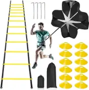 Pro Speed Agility Training Set Includes 12 Rung 20ft Adjustable Agility Ladder With Bag 12 Sports Cones 4 Steel Stakes 1 Resistance Parachute For Kids