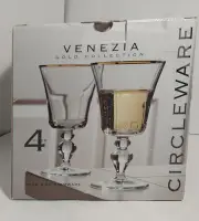 4 Piece NIB Circleware Venezia Coleccion De Oro Gold Rim Stemware