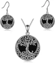Tree of Life Necklace/Earrings Sterling Silver Genuine Natural Black Onyx Jewelr
