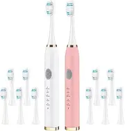 VANTREEGAO Electric Toothbrush 2 Pack, Travel Electric Toothbrush for Adult Includes 10 Replacement Brush Heads, 5 Modes, 2 Hours Charge for 60 Days (White & Pink, 2 Pack)