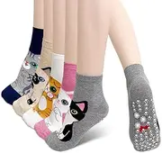 [Hellomamma] Grip Socks for Women, Non Slip Yoga Animal Socks for Pilates Dance Hospital Ballet Workout Non Skid Cat Socks