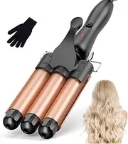 Curler 3 Barrel Large Curling Iron, 25mm Curling Curler Beach Wave, Curler Ptc Temperature Adjustment Quick Heating with Gloves, Rose Gold