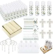 Dansib 300 Pcs Eucalyptus Greenery Baby Baptism Favors Includes Lip Balm Cross Soap Baptism Rosaries Greeting Cards and Organza Bag Christening Communion Baptism Gender Reveal Favors for Guests Gifts