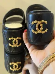 CHANEL DAD CC Logo Interesting Platform Wedges Size 37.5