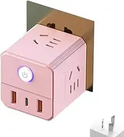 USB Plug Extension, Type-C & 2 USB A Ports, 4 Way Socket Extension, 7-in-1 Grounded Outlet Extender for Household Appliances, Smartphone, Tablets, for Home Office Bedroom MAX 2500W (Pink)