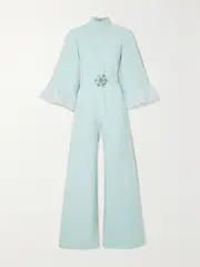 [ANDREW GN] ANDREW GN - Belted Feather-trimmed Embellished Crepe Jumpsuit - Sky blue - FR 44 FR 44 Blue