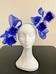 F021 Blue & white feather fascinator - Made in Aus