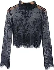 [YEKEYI] Womens Long Sleeve Mesh Top Sheer Blouse See Through Floral Lace Top Lace Blouse