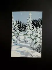 VTG Unused Eyvind Earle & Ball Xmas Greeting Card 1940's Trees in Snow & Stars