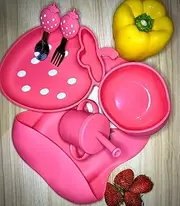 Sproutlets Strawberry 6-Piece Feeding Set - BPA-Free | Plate, Cup, Bowl, Bib, Spoon & Fork | Food-Grade Silicone | Cute Strawberry Design
