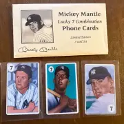 Mickey Mantle Lucky 7 Combination Phone Cards Limited Edition 3-Card Set w/ Enve
