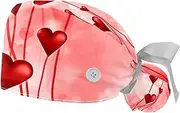 [WOSHJIUK] Working Hat 2 Pack Scrub Caps for Women,Valentines Day Love Heart,Tie Back Cap Adjustable Scrub Hat