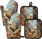 UNICEU Rooster Oven Mitts and Potholders Set of 4 Sunflower Chicken Kitchen Accessories Non Slip Kitchen Gloves for BBQ Baking