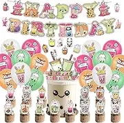 Bubble Tea Birthday Party Decorations - 94 Pcs Bubbles Tea Kit, Happy Birthday Banner Cake Topper, Boba Tea Cupcake Topper, Latex Balloons, Cartoon Animal Sticker, Pearl Milk Tea Party Supplies