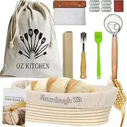 [Oz Kitchen] Bread Proofing Basket Set Oval (25x15cm) - 100% Handmade Sourdough Starter kit, Banneton proofing basket with bread Lame, Danish Dough Whisk, Dough Scraper, Bread Bag, Cloth Liner and Brush