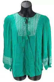 Susan Graver Embroidered Crinkle Gauze Peasant Tunic Spearmint/White