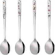 YAPULLYA Korean Soup Spoons, 18/8 Stainless Steel Long Handle 8 Inch Tablespoon, Asian Metal Dinner Spoons, Set of 4 (Flowers)