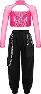 [Jugaoge] Girls Hip Hop Jazz Street Dance Costume Long Sleeve Shiny Sequin Cutout Crop Top with Chain Pants Set