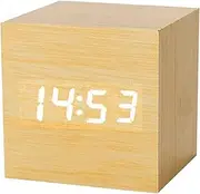 Wood Digital Alarm with Day Date Temperature 3 Voice Control Indoor Thermometer Hygrometer for Bedside Desk Greenhouse Garden Cellar Khaki
