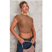 Taupe Slinky Ruched Detail Crop Top, Brown