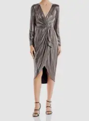 $195 Aidan Mattox Women's Gold Metallic Draped Faux Wrap Dress Size 6