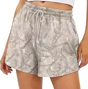 HOCANDY Womens Camo Sweat Shorts Maple Leaf Print Drawstring Elastic High Waist Lounge Camouflage Workout Shorts with Pockets